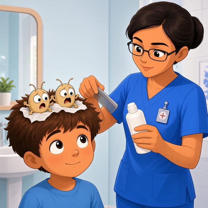 Child wet-combing with conditioner and a fine-tooth comb