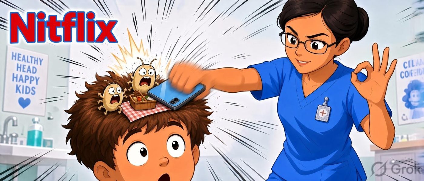 Nitflix nurse comedy: she smacks picnic nits with a phone. Gag only — never hit a child’s head.