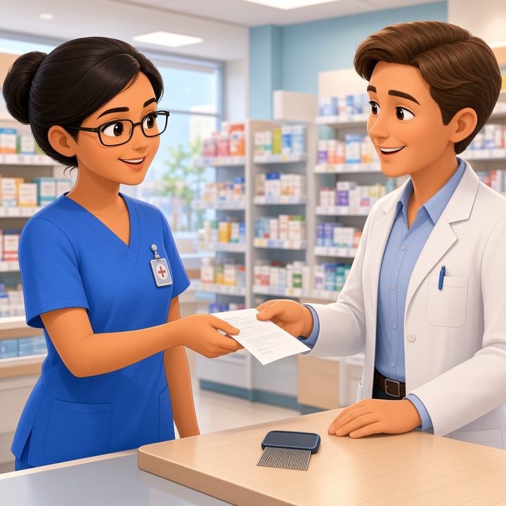 Friendly community pharmacist at the counter